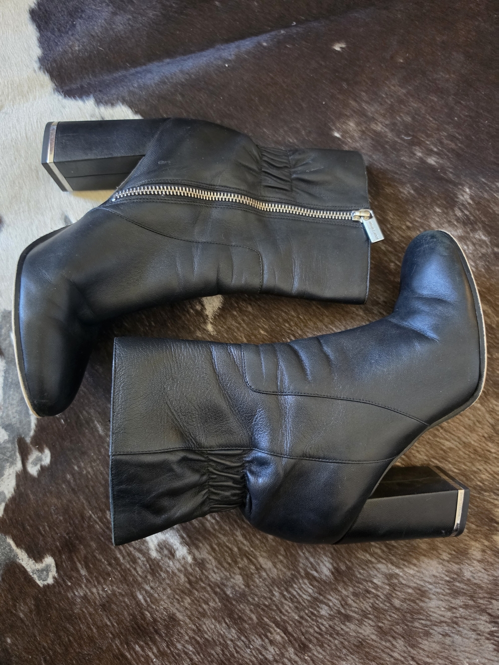 Michael Kors Black Leather Block Heel Ankle Boots with Side Zip